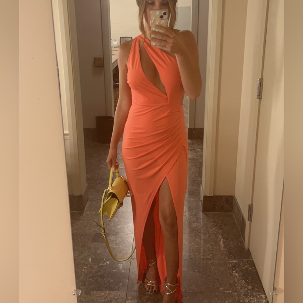 Revolve backless and high slit wedding guest gown. Coral